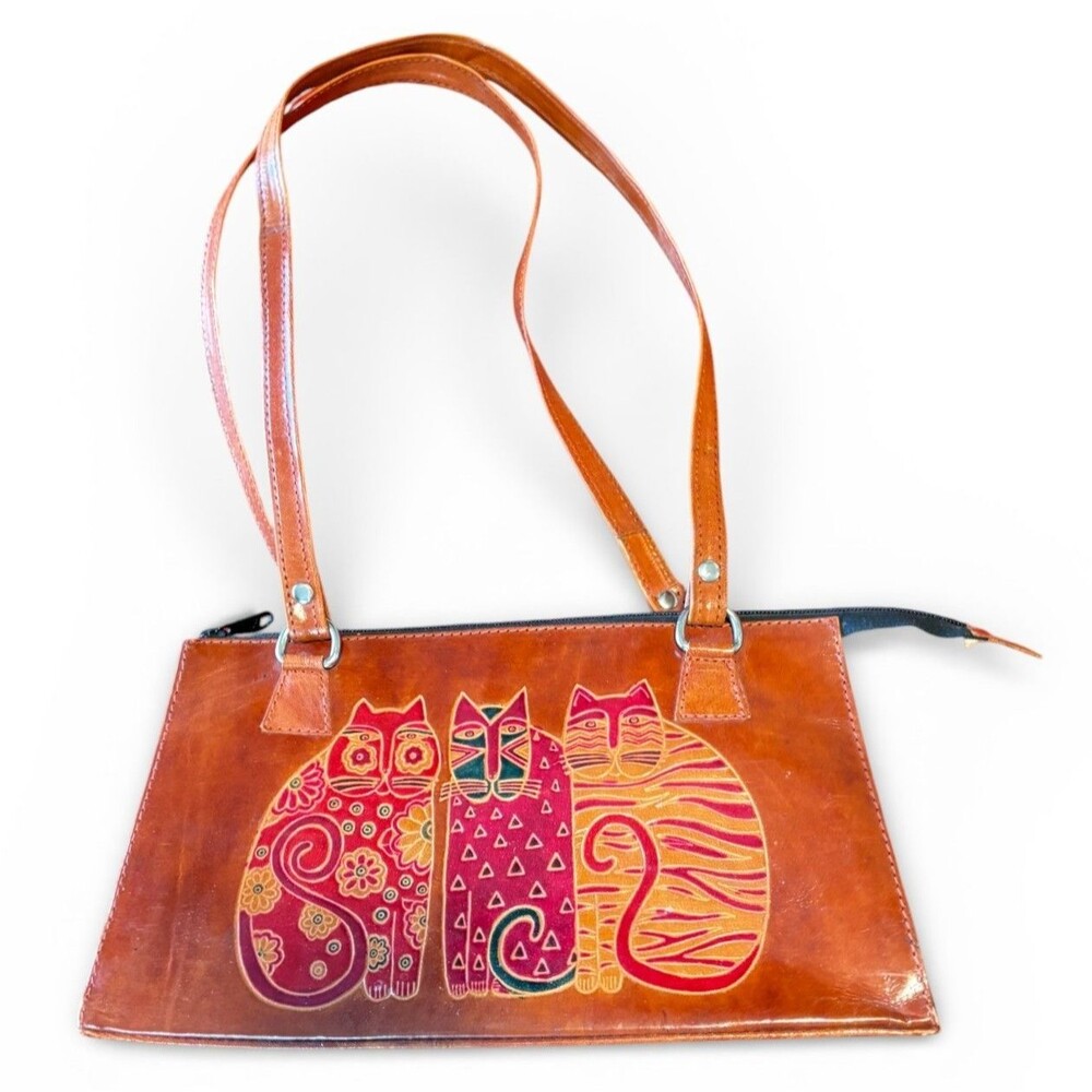 Laurel Burch Brown Leather Three Cats Tooled Purse - GUC